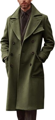Mens Trench Coat Notch Lapel Double Breasted coat Wool Blend Casual Long Overcoat
