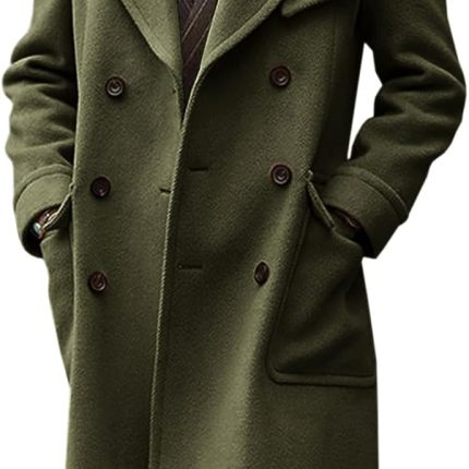 Mens Trench Coat Notch Lapel Double Breasted coat Wool Blend Casual Long Overcoat