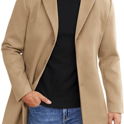 Mens Wool Blend Coat Winter Trench Coats Notched Lapel Collar Single Breasted Overcoat Classic coat With Pockets