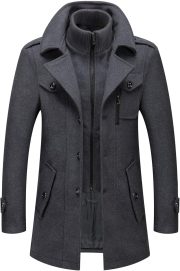 Men's Thermal Single Breasted Wool Blend Coat Business coat with Detachable Zipper