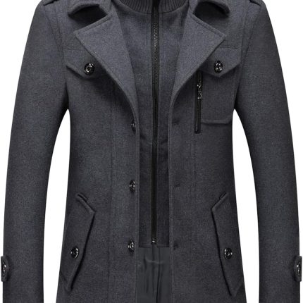 Men's Thermal Single Breasted Wool Blend Coat Business coat with Detachable Zipper
