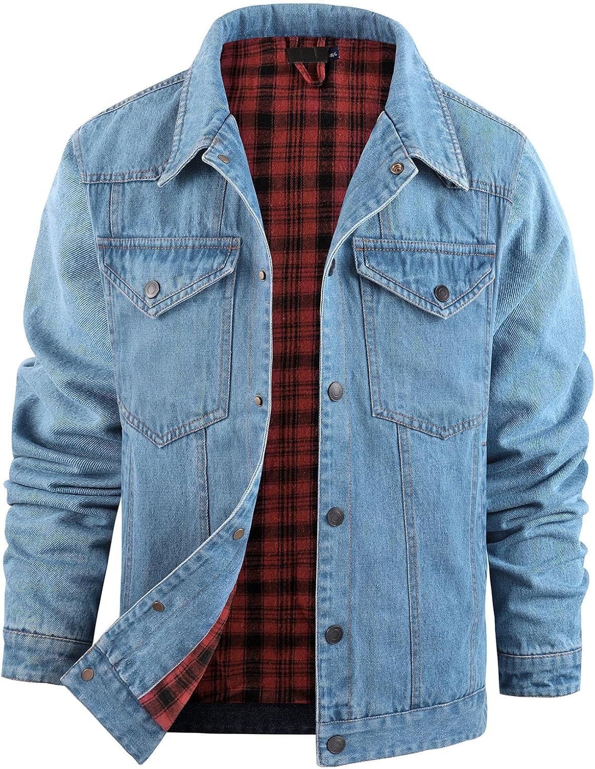 81EKqO6ltsL._AC_SL1500_.jpg Mens Flannel Lined Denim Jacket Snap Cowboy Cut Western Classic Slim Fit Vintage Heavy Duty Jacket Coat - Image 1