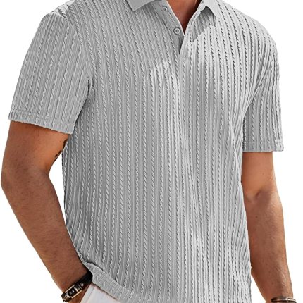Men Casual Polo Shirt Summer Short Sleeve Vacation Button Beach Knit Stretchy Golf Shirts